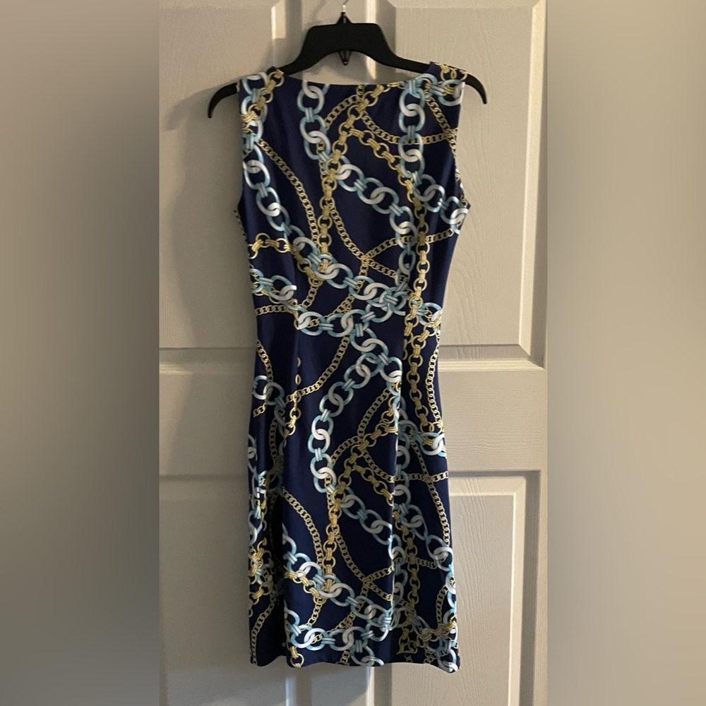 J. McLaughlin Sleeveless Blue Sage Chain link Print  Dress - Picture 4 of 5